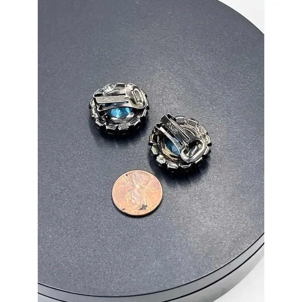 Kenneth Jay Lane Vintage Aquamarine Color Button Clip Gunmetal Earrings - Picture 9 of 12